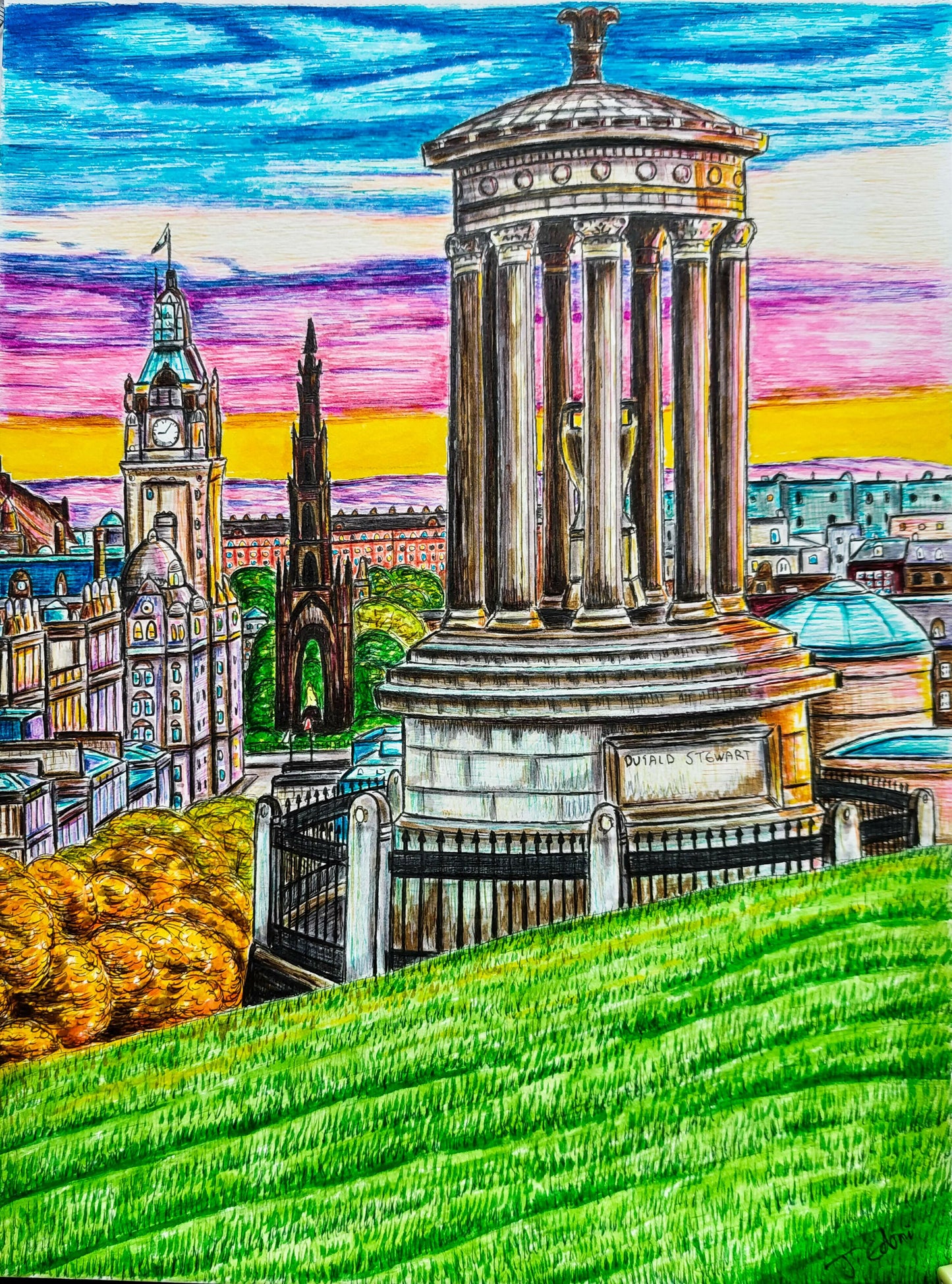 A3 Original Edinburgh Carlton Hill Framed Art