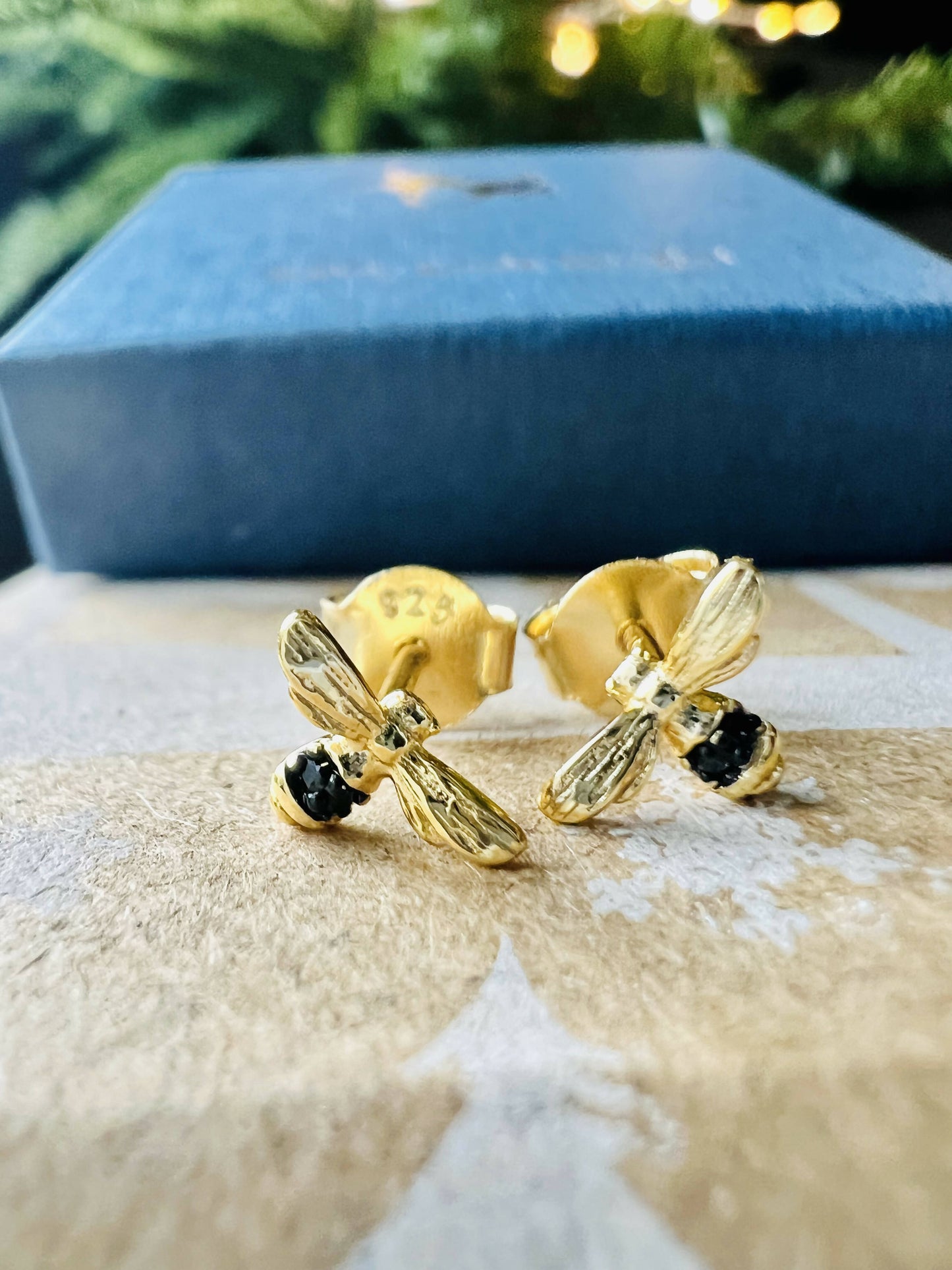 Gold Bee & Black Crystal Stud Earrings