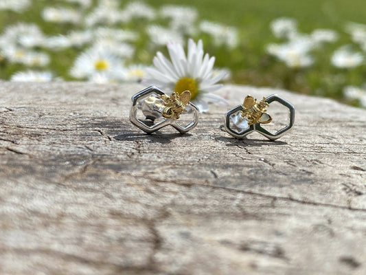 Golden Bee on Silver Honeycomb Earrings