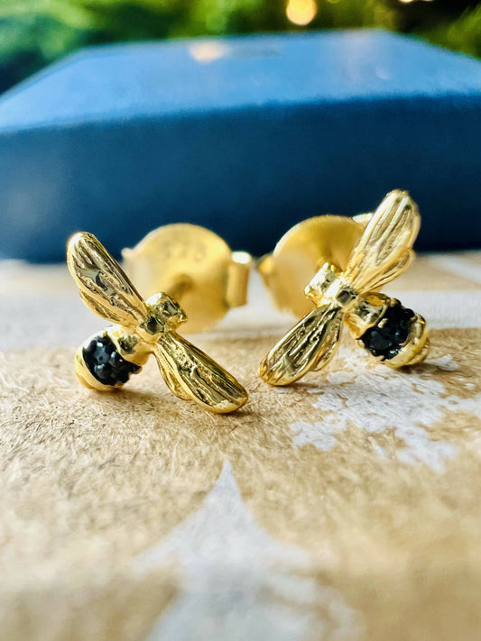 Gold Bee & Black Crystal Stud Earrings