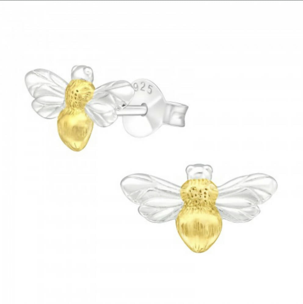 Solid Silver & 9ct Gold Bumble Bee Stud Earrings