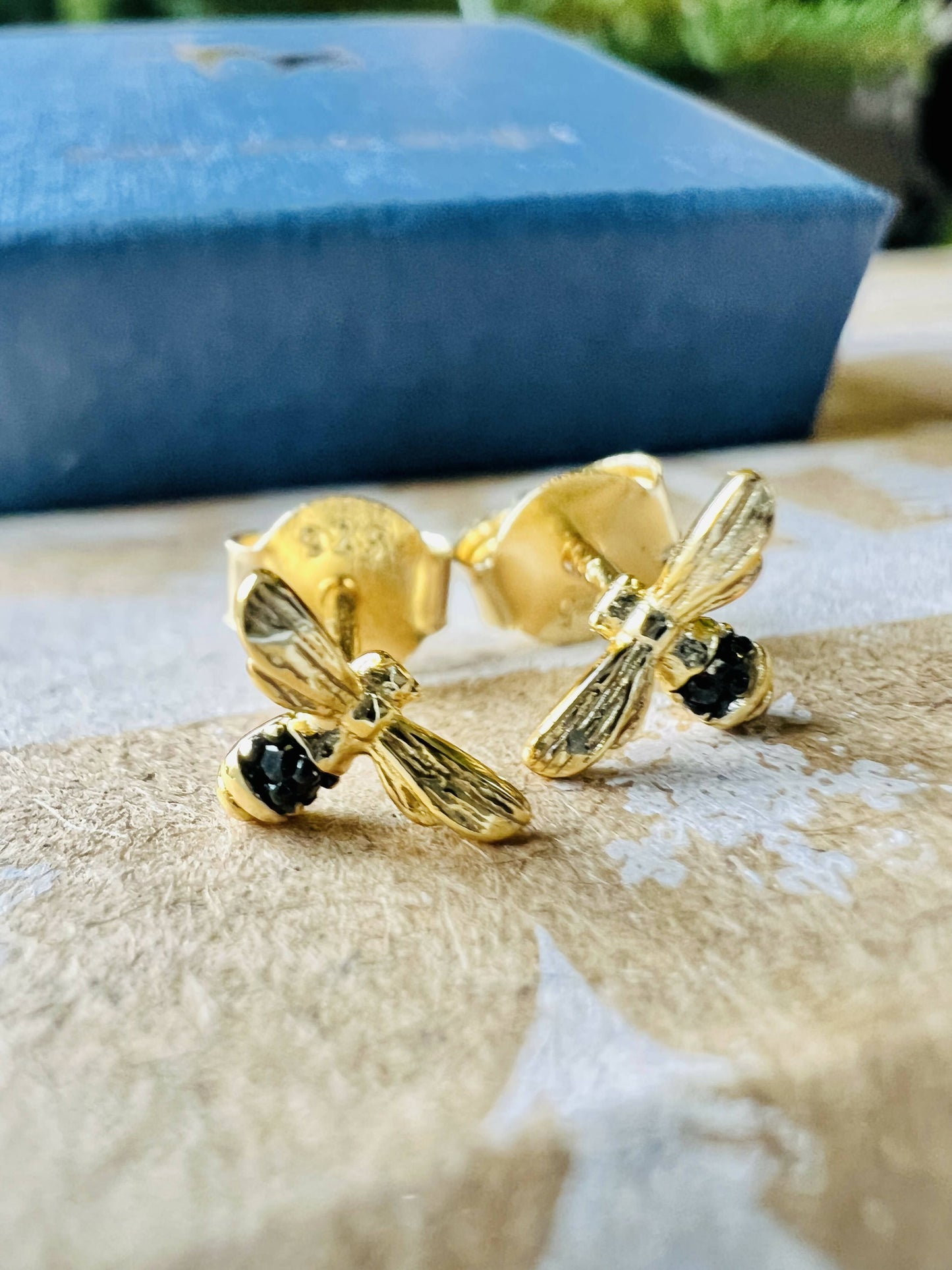 Gold Bee & Black Crystal Stud Earrings