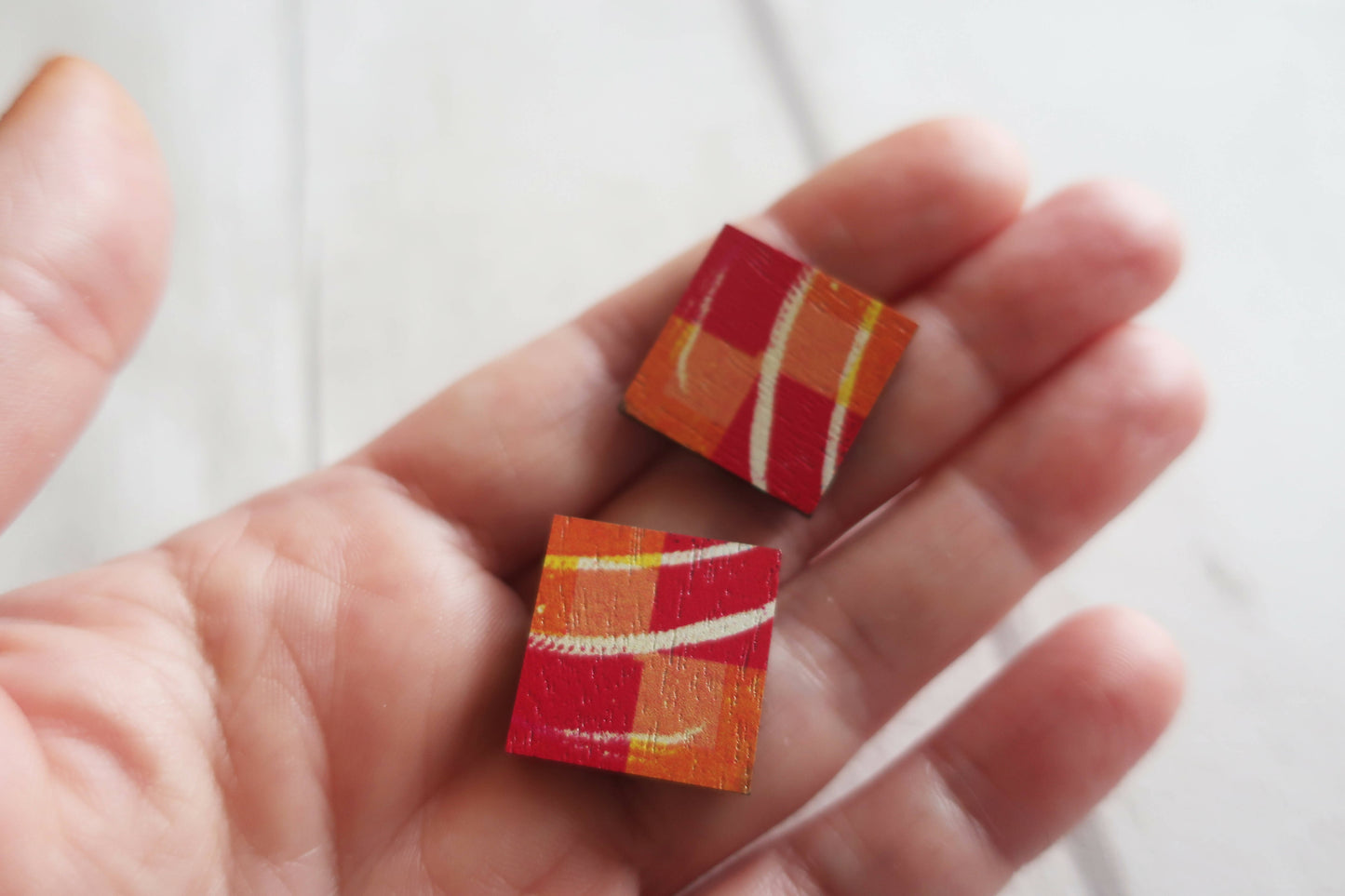 Statement orange abstract square wooden earrings