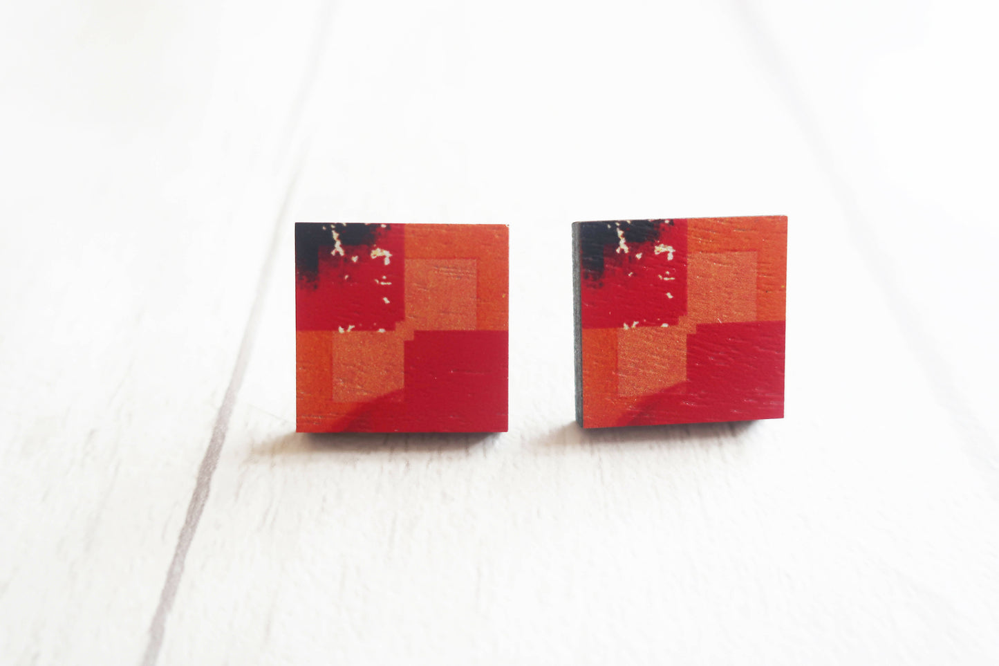 Statement orange abstract square wooden earrings