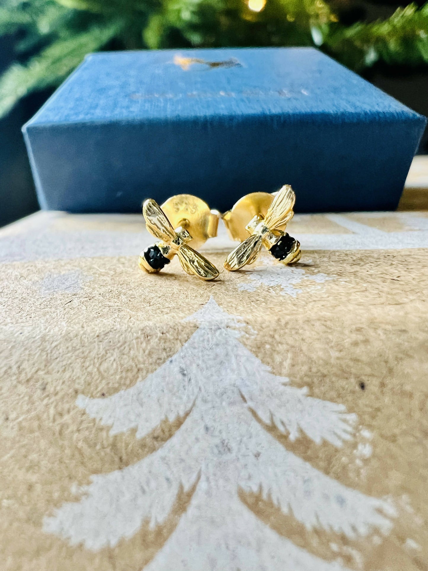 Gold Bee & Black Crystal Stud Earrings