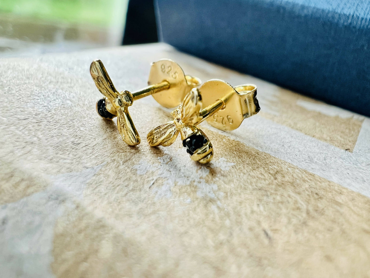 Gold Bee & Black Crystal Stud Earrings