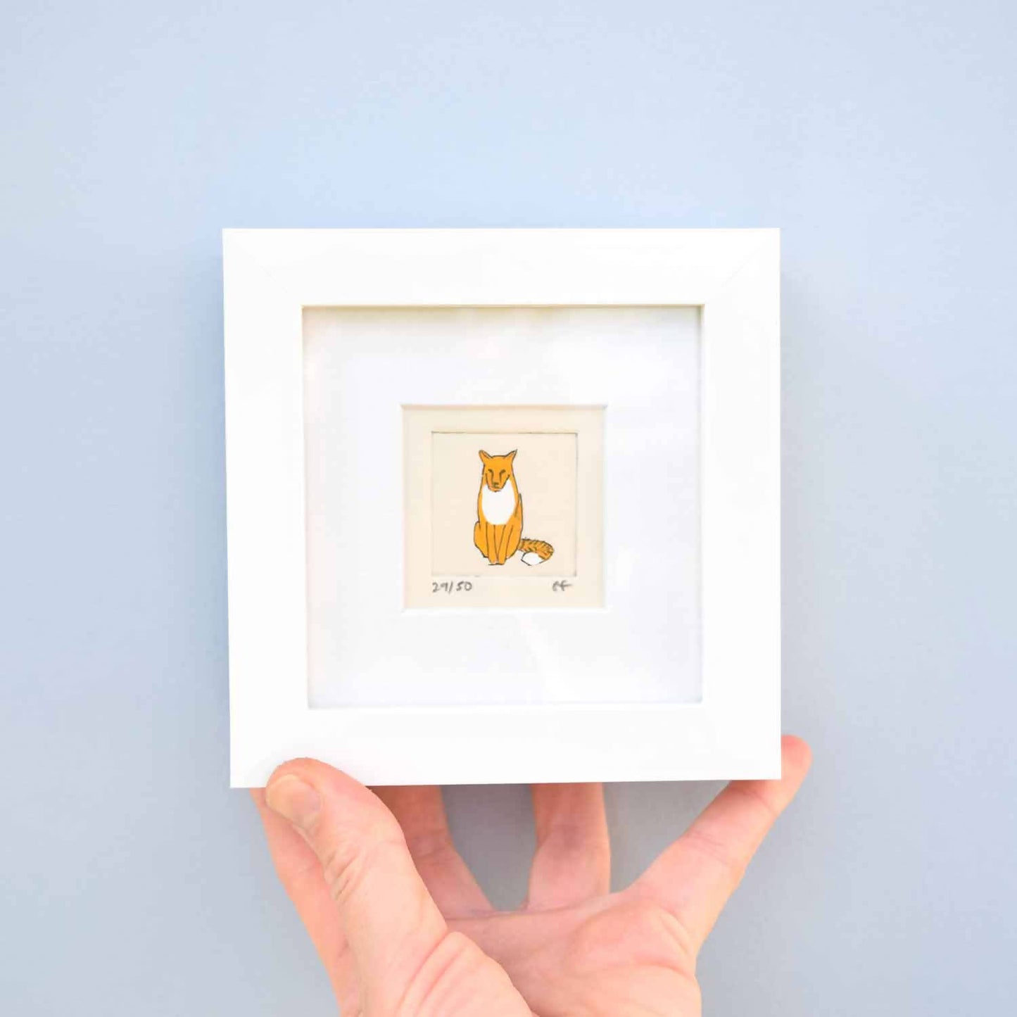 Fox - mini collagraph print in a white frame