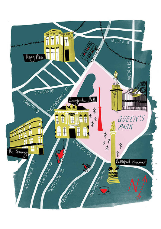 Glasgow Southside Illustrated Map Print