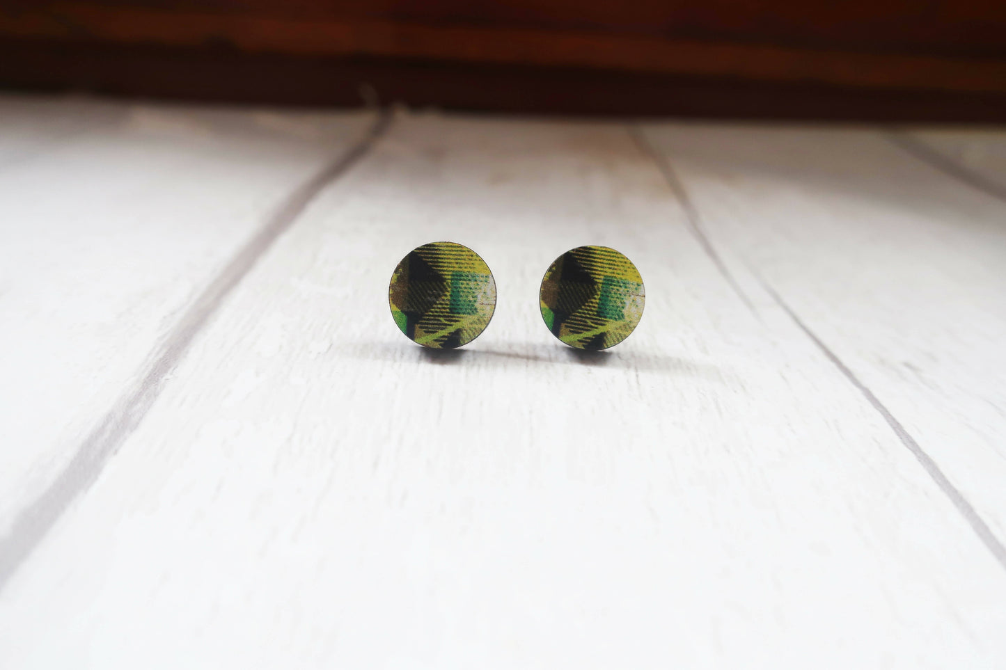 Abstract modern stud earrings, small round yellow stud earrings