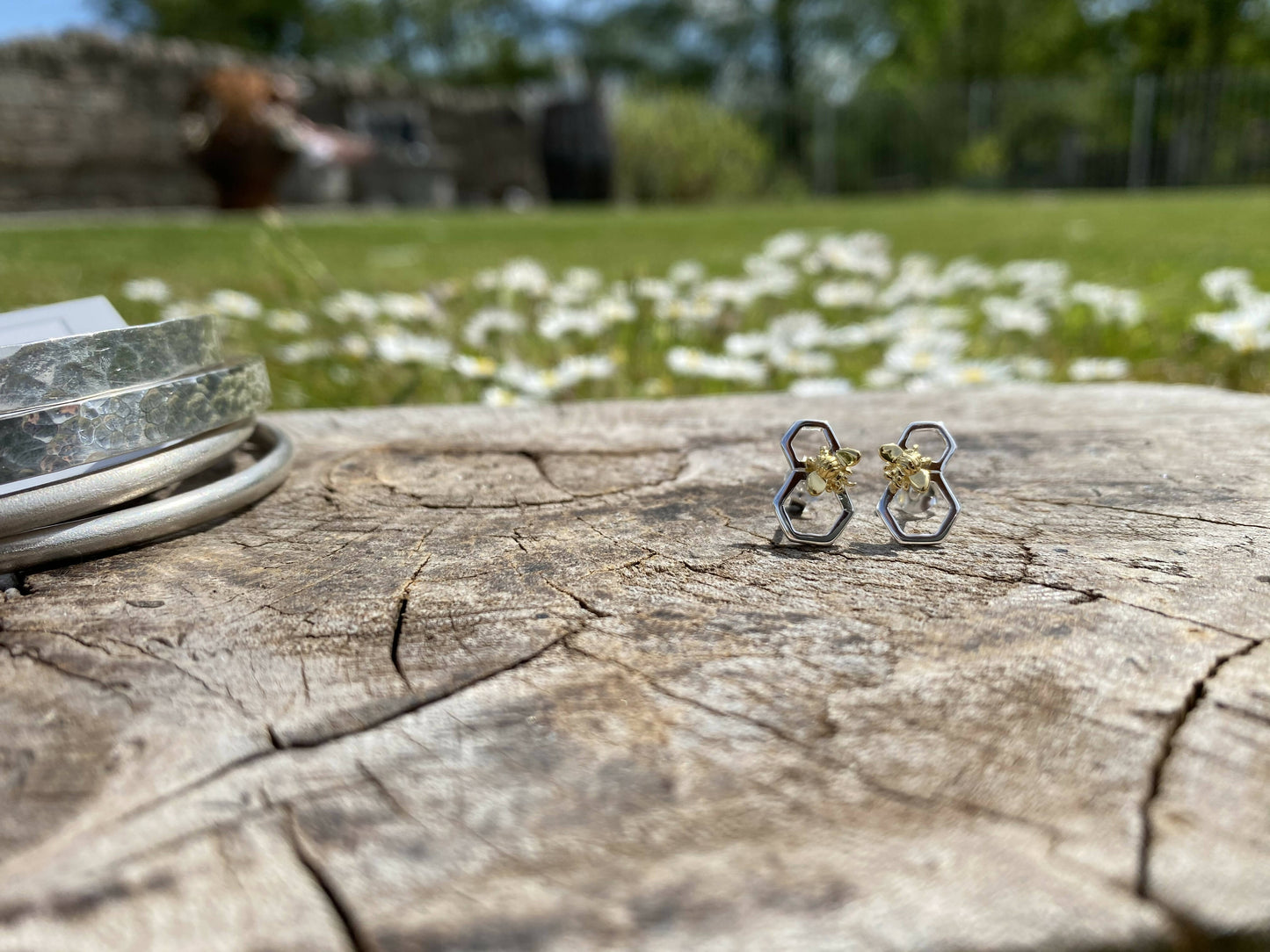 Golden Bee on Silver Honeycomb Earrings