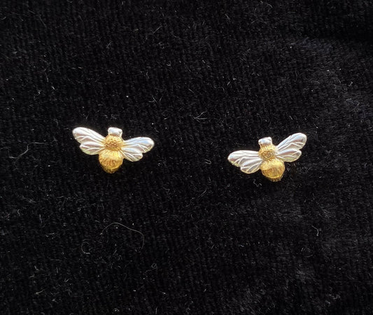 Solid Silver & 9ct Gold Bumble Bee Stud Earrings