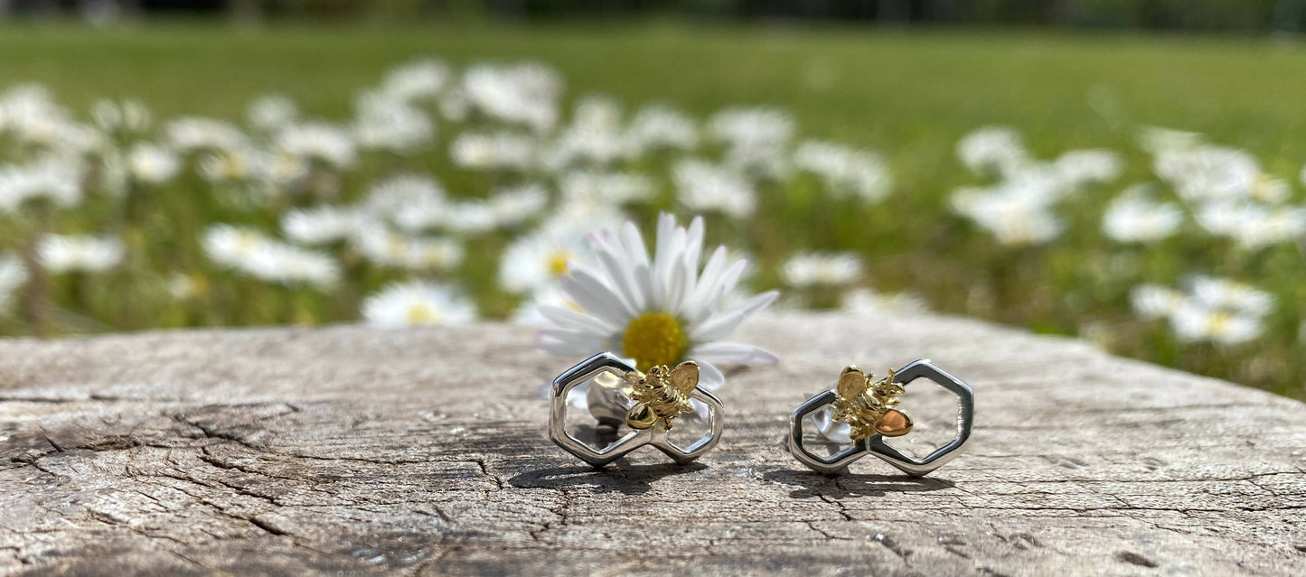 Golden Bee on Silver Honeycomb Earrings