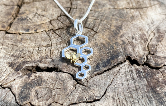 Gold Bee on Honeycomb Cluster Pendant 925 Sterling Silver